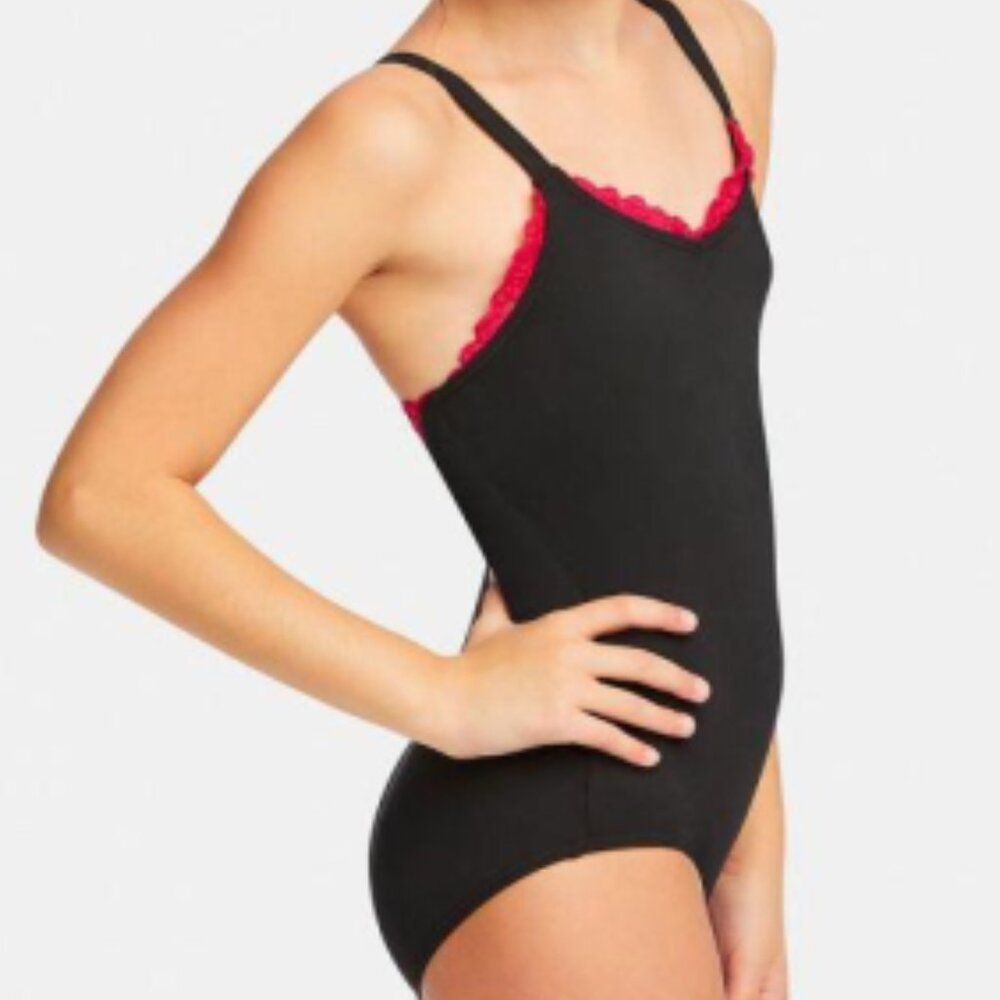 Brand new with Tags Capezio Brand Girls Encore Leotard with Pink Lace Size Small